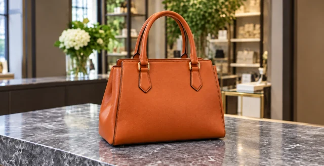 Before background removal: a brown handbag on a marble counter with an indoor background